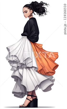 Fashion extravagance: Illustration of fashion model exuding sophistication in exquisite dress, extravagant beauty and refined elegance, embodying high couture, stunning visual appeal. Fashion extravagance: Illustration of fashion model exuding sophistication in exquisite dress, extravagant beauty and refined elegance, embodying high couture, stunning visual appeal. 119168310
