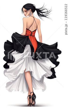 Elegant sophistication: Fashion model portrayed in luxurious, detailed dress, illustrating blend of extravagance and beauty, capturing the essence of high fashion with sophisticated grace and style. 119168322