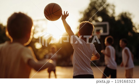Joyful childhood, importance of playing sports, fostering healthy lifestyle and well-being, as child embraces happiness that comes from staying active and living balanced, wholesome life 119168323