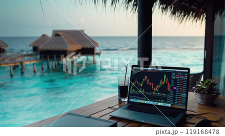 Wealthy crypto: a stock chart laptop in a luxury flat in a resort town, concept of crypto earnings, highlighting fusion of digital wealth accumulation and upscale lifestyle idyllic resort settings. 119168478