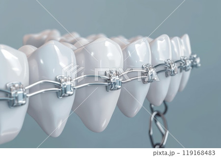 Straightening journey: orthodontic bracket or brace, focusing on dental treatment concept designed to correct misaligned teeth, enhance oral function, boost confidence with beautifully aligned smile. Straightening journey: orthodontic bracket or brace, focusing on dental treatment concept designed to correct misaligned teeth, enhance oral function, boost confidence with beautifully aligned smile. 119168483