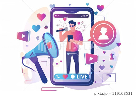 Studio streaming setup: a blogger livestreamer utilizing phone, podcast microphone for online streaming, reviewing business content, promoting through live broadcasts, enhancing digital presence. 119168531