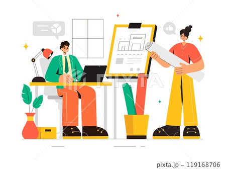 Vector illustration of a Drafting Engineer or Architect Working on a Drawing Board, Projecting Plans and Creating Drafts for Construction Projects 119168706