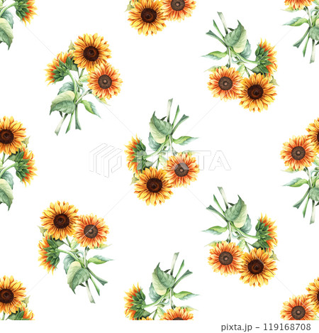Watercolor seamless pattern with bouquets of yellow sunflowers. Hand drawn repeat pattern isolated on white background for wrapping wallpaper fabric textile 119168708