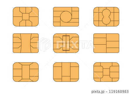EMV chip icon set. Microchip for bank plastic credit or debit charge or sim card. Digital Nfc technology. Contactless payment at terminals and ATMs 119168983