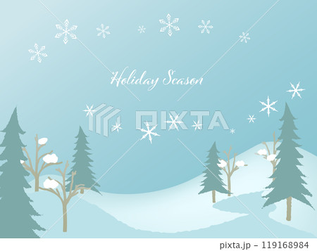 が降る冬の山の風景イラスト。クリスマスやホリデー向けのフレーム、背景素材。 119168984