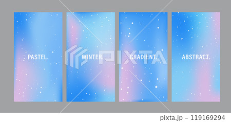 Gradient Winter Background with snowflakes. Set of trendy abstract neon templates. Cold fluid wave design. Modern vector. Pastel minimalist backdrop for posts or banners. Blue, purple and pink colors 119169294