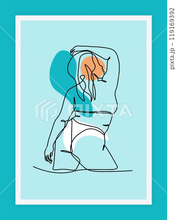 Line woman. Curvy body girl. Female figure in bikini lingerie. Outline hand drawing people. Card design or poster, wall art and print. Plus size character, overweight portrait, vector illustration 119169392