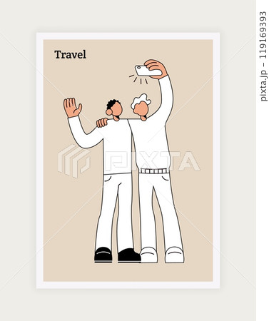 Travel persons. Happy men making selfie. Phone camera. Friends hugs. Casual guys vacation. Trendy characters posing for photography. Tourists adventure. Travelers trip. Vector tourism banner design Travel persons. Happy men making selfie. Phone camera. Friends hugs. Casual guys vacation. Trendy characters posing for photography. Tourists adventure. Travelers trip. Vector tourism banner design 119169393