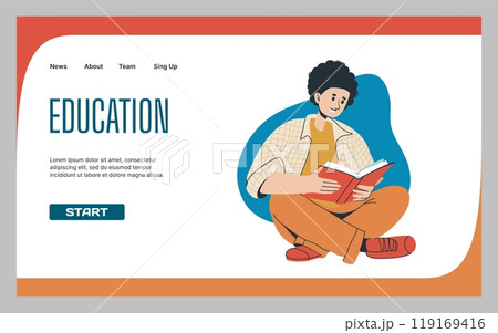 Education landing page. Man reading books. Learning literature. Student with textbook. Guy studying. School knowledge. University library. Readers hobby. Website design template. Vector background Education landing page. Man reading books. Learning literature. Student with textbook. Guy studying. School knowledge. University library. Readers hobby. Website design template. Vector background 119169416