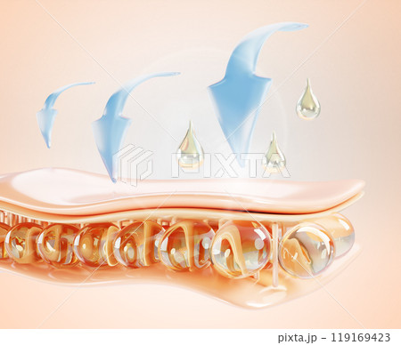 3d skin cell layer with gold oil drop, collagen serum. Epidermis fat tissue render with liquid essence droplet and blue infographic arrow. Innovation cosmetic skincare solution banner. 3D illustration 119169423