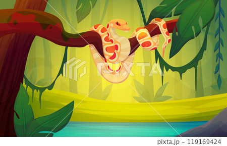 Snake in jungle background. Cartoon forest scene. Poisonous animal. Serpent on tree branch. Wild fauna. Tropical woods nature. Reptile in wildlife. Creeping cobra. Exotic python. Vector illustration Snake in jungle background. Cartoon forest scene. Poisonous animal. Serpent on tree branch. Wild fauna. Tropical woods nature. Reptile in wildlife. Creeping cobra. Exotic python. Vector illustration 119169424
