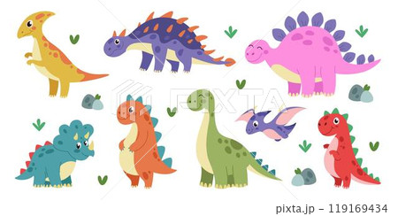 Dinosaur. Kids cartoon dino. Little monster cute character. Baby animal graphic, prehistoric Tyrannosaurus, Triceratops and Pterodactyl. Childish decorative stickers. Vector tidy isolated illustration 119169434
