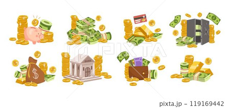 Coin paper. Business gold money icon collection, finance success, graphic sign investment. Bank financial flat set. Pig and wallet, credit card. Vector concept illustration, cartoon tidy isolated set 119169442