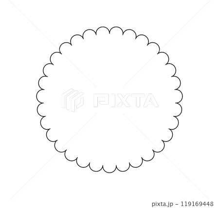 Circle scalloped frame. Scalloped edge round shape border. Simple label and sticker form. Flower silhouette lace frame. Vector illustration isolated on white background Circle scalloped frame. Scalloped edge round shape border. Simple label and sticker form. Flower silhouette lace frame. Vector illustration isolated on white background 119169448