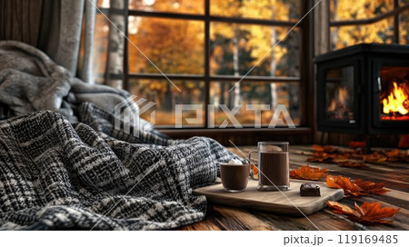Ultra-realistic cozy cabin interior with warm autumn ambiance Ultra-realistic cozy cabin interior with warm autumn ambiance 119169485