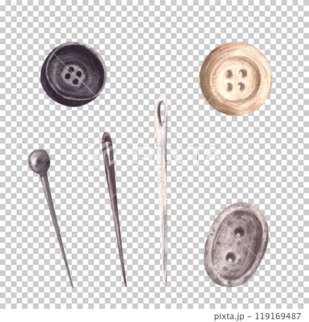 Buttons, needles, sewing pins. Needlework, handicrafts and sewing set in beige, grey pastel colour Watercolor hand drawn illustration Realistic style clipart for handmade hobby isolated from 119169487