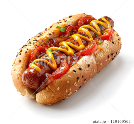 Hot dog with mustard and ketchup in a sesame bun isolated on a white 119169563