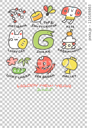 Cute New Year's card with snake and New Year's lucky charms 2025 English letters Hand-drawn Line drawing Cute New Year's card with snake and New Year's lucky charms 2025 English letters Hand-drawn Line drawing 119169863