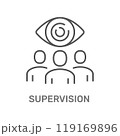 This image represents the concept of supervision, depicting an eye overseeing a group of people. It symbolizes observation, guidance, and oversight within a group or organization 119169896