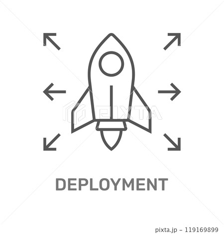The image shows a line-art rocket surrounded by arrows pointing outward, symbolizing the concept of deployment, likely in a software or technology context, representing launch or distribution. The image shows a line-art rocket surrounded by arrows pointing outward, symbolizing the concept of deployment, likely in a software or technology context, representing launch or distribution. 119169899