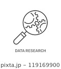 The image shows a magnifying glass over gears, symbolizing Data Research. It represents the process of analyzing and studying data to uncover insights and improve processes or systems. 119169900