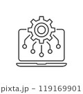 The image shows a gear on a laptop screen with connecting lines, symbolizing Dashboarding. It represents the integration of technology, data, and processes for efficient tracking and control. 119169901
