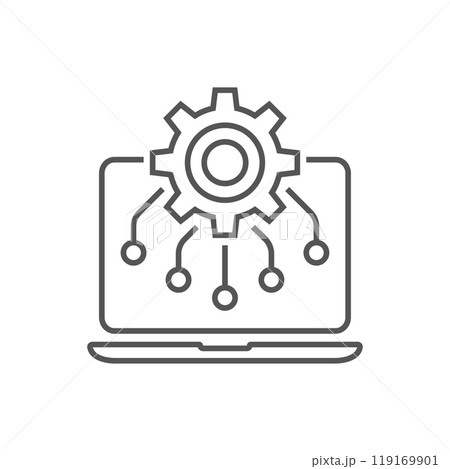 The image shows a gear on a laptop screen with connecting lines, symbolizing Dashboarding. It represents the integration of technology, data, and processes for efficient tracking and control. 119169901