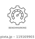 The image shows a gear with a speedometer inside, representing Benchmarking. It symbolizes evaluating performance by comparing it to standards or best practices in business and technology. 119169903