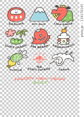 Cute New Year's card with lucky charms for New Year 2025 English letters, hand-drawn, line drawing Cute New Year's card with lucky charms for New Year 2025 English letters, hand-drawn, line drawing 119170145