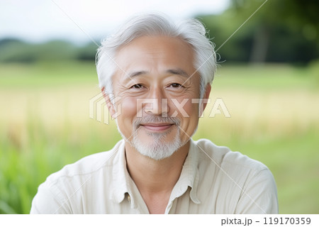 AI生成画像　緑背景の日本人のシニア男性のポートレート 119170359