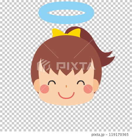 一個可愛的小女孩的表情符號插圖，帶有天使戒指和微笑圖標面部表情白色背景向量 119170365