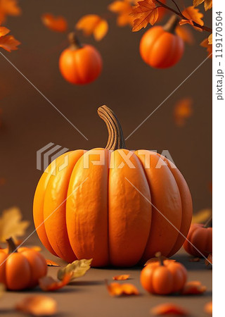 Thanksgiving day banner. Holiday background with realistic 3d orange pumpkin 119170504