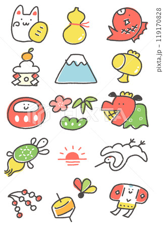 手描きの正月の縁起物の可愛いキャラクターイラストセット アイコン 線画 手描きの正月の縁起物の可愛いキャラクターイラストセット アイコン 線画 119170828
