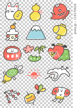 手描きの正月の縁起物の可愛いキャラクターイラストセット アイコン 線画 手描きの正月の縁起物の可愛いキャラクターイラストセット アイコン 線画 119170828