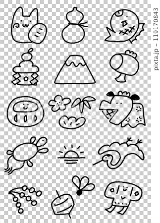 Hand-drawn, cute, monochrome illustrations of New Year's lucky charms, icons, line drawings 119170843