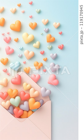 A soft pink envelope with multi-colored hearts on a blue background. A soft pink envelope with multi-colored hearts on a blue background. 119170945