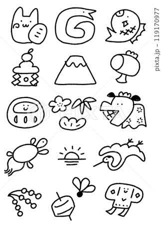 蛇と正月の縁起物の可愛いイラスト　アイコン　線画　手描き 119170977