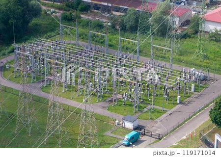 Power plant - transformation station. Multitude of cables and wires. Power plant - transformation station. Multitude of cables and wires. 119171014