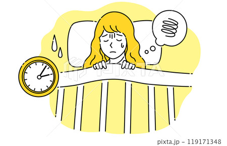 不眠症で眠れない若い女性・シンプルでポップなベクターイラスト 119171348