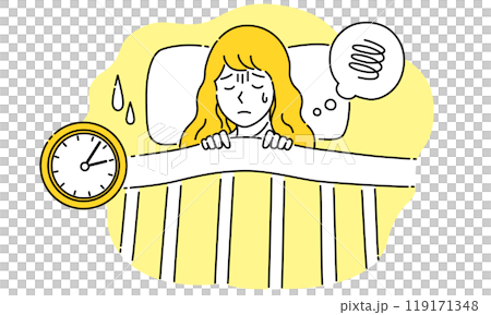 一位因失眠而無法入睡的年輕女性 — 簡單而流行的向量圖 一位因失眠而無法入睡的年輕女性 — 簡單而流行的向量圖 119171348