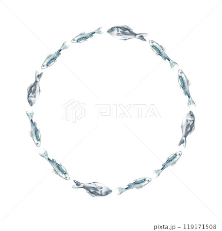 Round border of floating fish in circular stripe, made in watercolor. Flock of small and large fish swimming in the same direction are depicted in the form of circle, ring, frame. Shiny fish scales Round border of floating fish in circular stripe, made in watercolor. Flock of small and large fish swimming in the same direction are depicted in the form of circle, ring, frame. Shiny fish scales 119171508