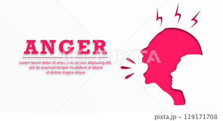 Angry girl screams. Lettering: ANGER. Frustrated woman with nervous problem. Anxiety, panic and confusion of thoughts. Mental disorder and chaos in consciousness. Vector illustration. Paper cut. Angry girl screams. Lettering: ANGER. Frustrated woman with nervous problem. Anxiety, panic and confusion of thoughts. Mental disorder and chaos in consciousness. Vector illustration. Paper cut. 119171708