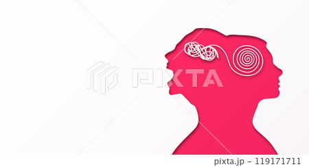 Bipolar disorder mind mental. Double silhouette of a woman's head. Metaphor split personality. Psychology of people. Concept mood disorder. Dual personality concept. Mental health. Tangle and 119171711