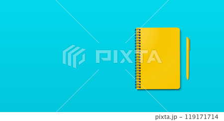 Closed yellow notebook and yellow ball-point pen on the right, turquoise blue background with copy space for your image or text. Minimalist  vector illustration as back to school. Top view, flat lay. 119171714