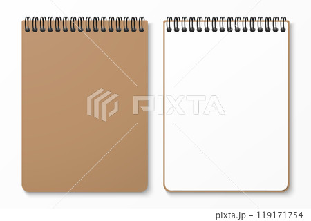 Top view spiral notebook with space for your image or text isolated on white background for mockup. Horizontal spiral. Design concept. Vector illustration. 119171754