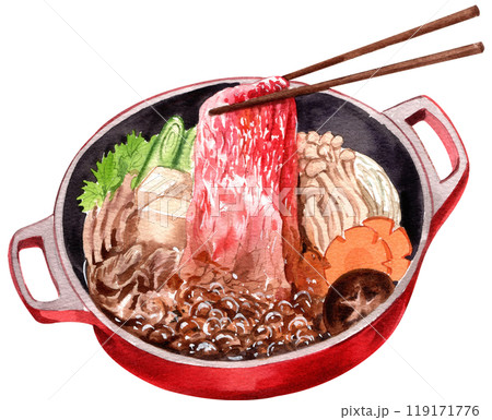 sukiyaki japanese food in hotpot with vegetable, hand-drawn watercolor  illustration 119171776