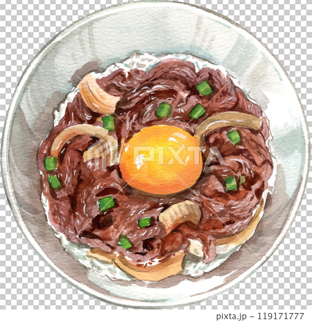 gyudon beef rice bowl with york eeg, hand-drawn watercolor illustration 119171777