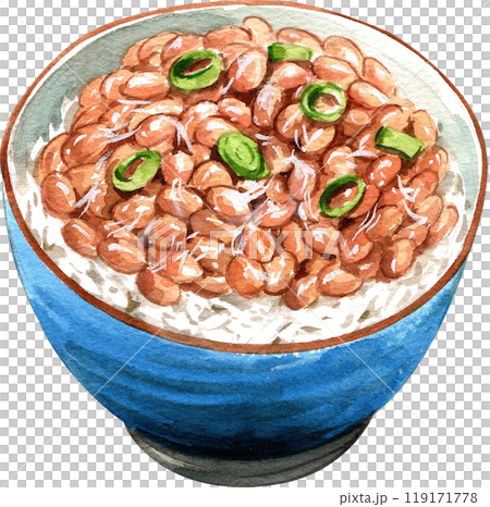 Rice topped with natto in a cup, japanese food, hand-drawn watercolor painting illustration Rice topped with natto in a cup, japanese food, hand-drawn watercolor painting illustration 119171778