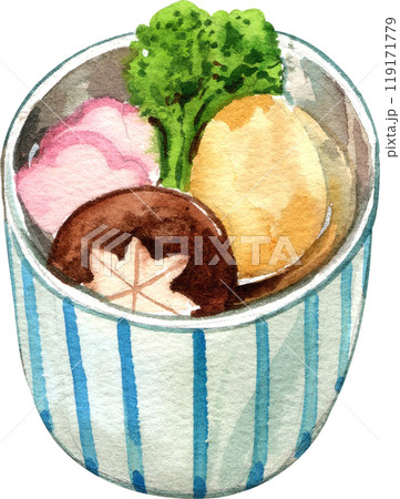 Simono clear soup with tofu, shiitake mushroom, naruto, broccoli, hand-drawn watercolor painting illustration Simono clear soup with tofu, shiitake mushroom, naruto, broccoli, hand-drawn watercolor painting illustration 119171779